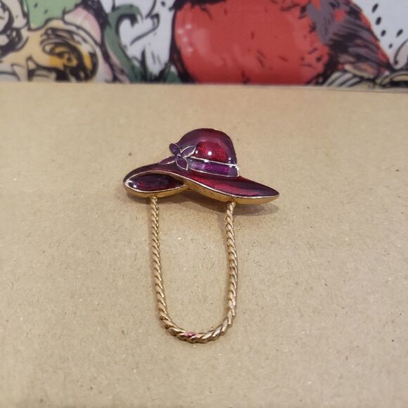 Vintage Red Hat with Flower Brooch - Picture 1 of 8